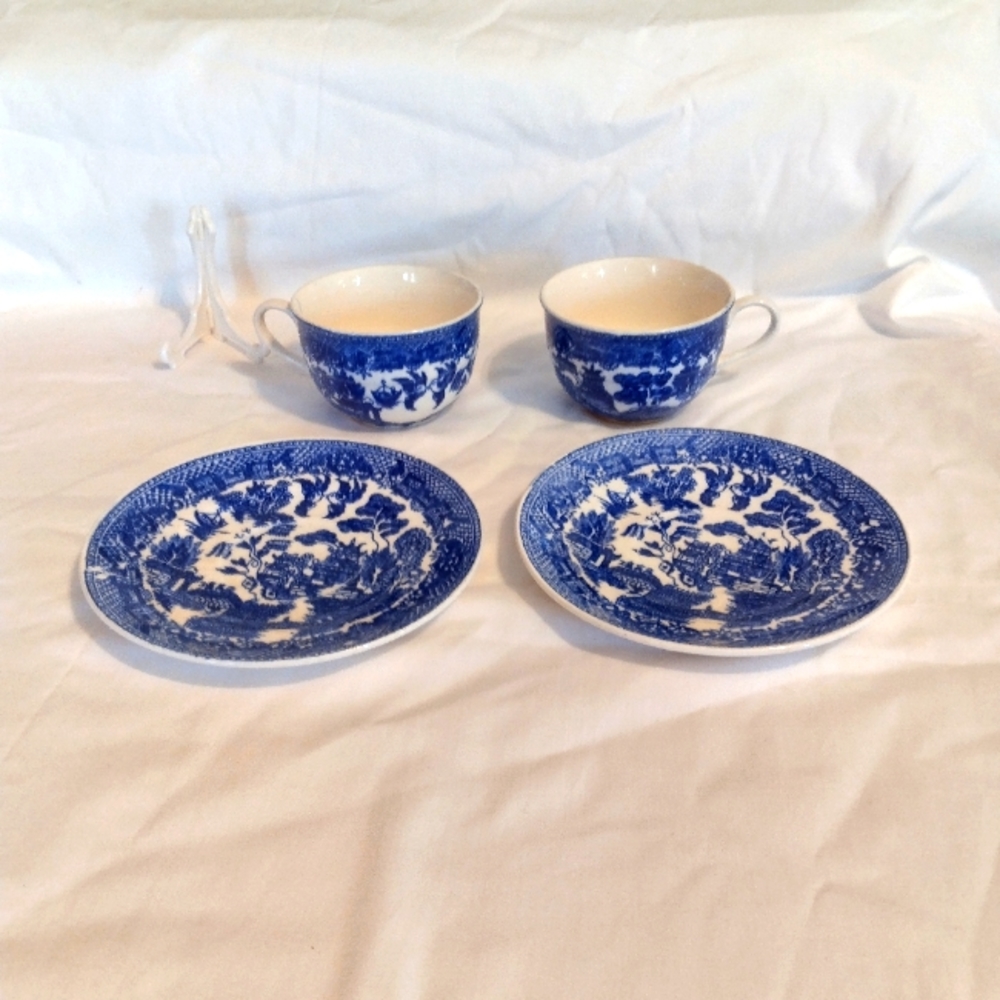 2 blue Willow Tea Cup Saucer Dish Sets Stamped JAPAN Black Ink Antique Vintage